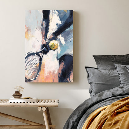 Abstract tennis wall art showing close-up of player holding racket and ball