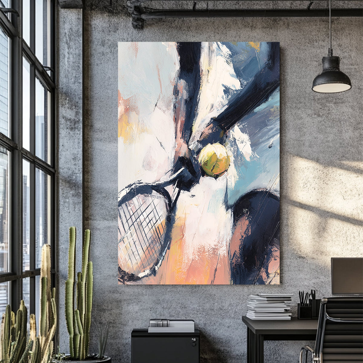 Abstract tennis wall art showing close-up of player holding racket and ball