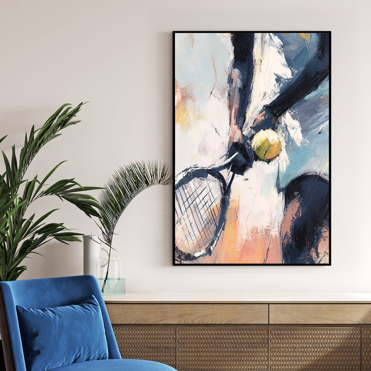 Abstract tennis wall art showing close-up of player holding racket and ball