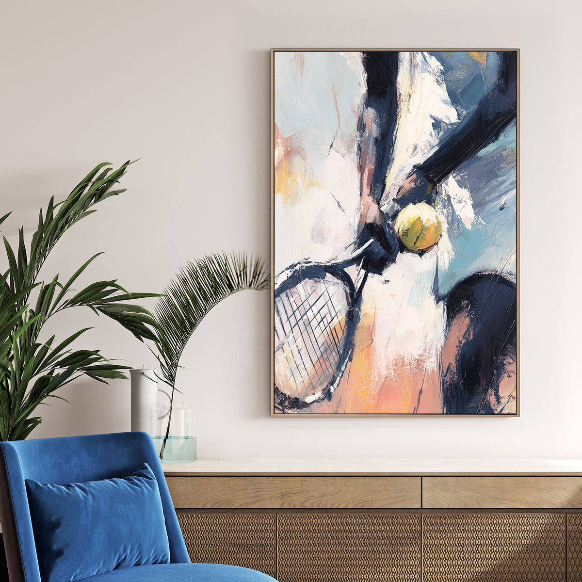 Abstract tennis wall art showing close-up of player holding racket and ball
