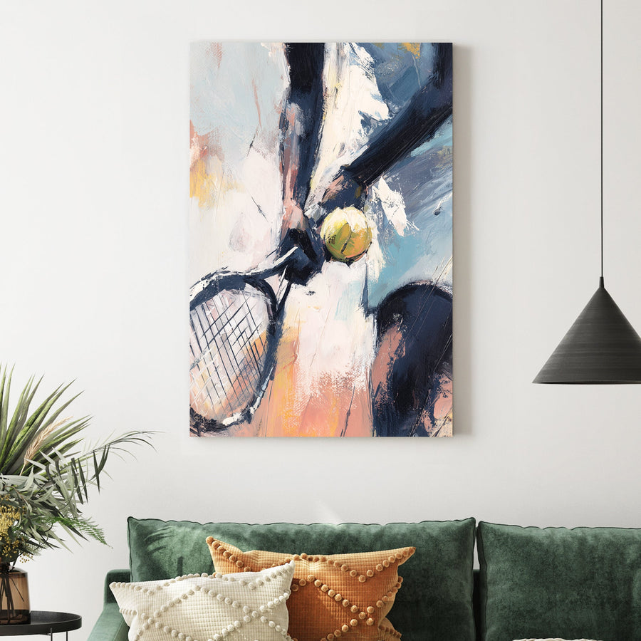 Abstract tennis wall art showing close-up of player holding racket and ball