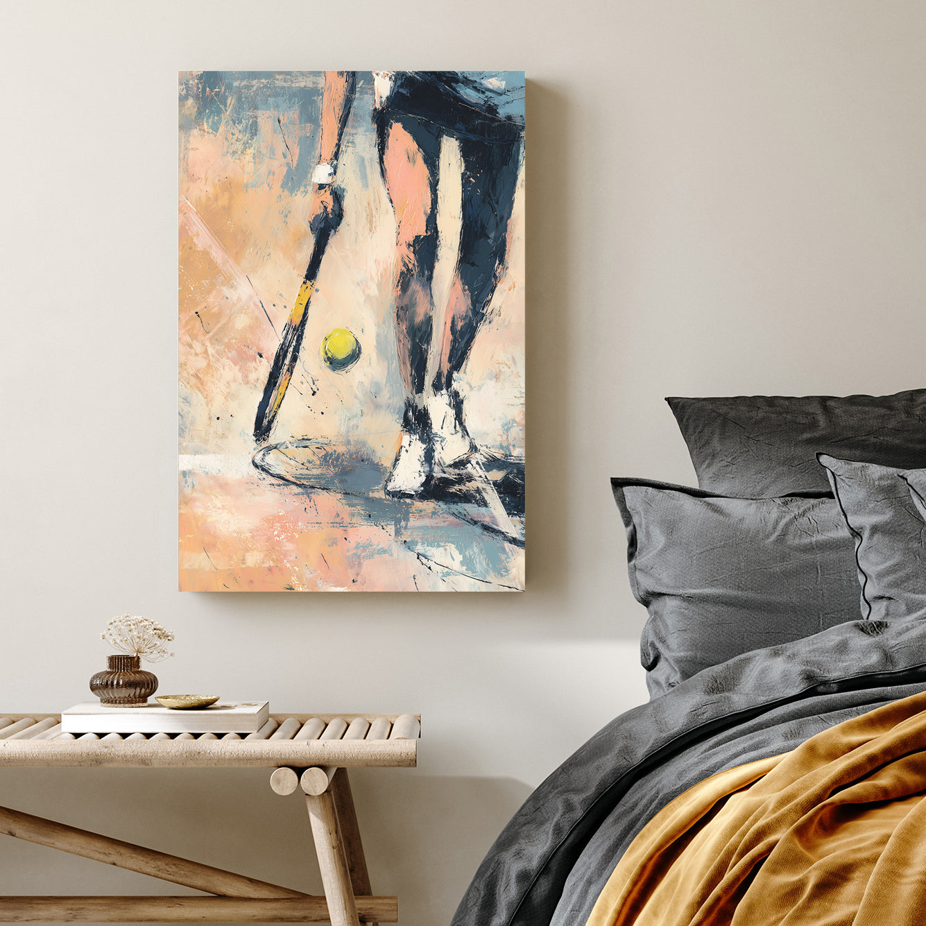 Impressionistic tennis wall art showing player at the baseline with racket and ball