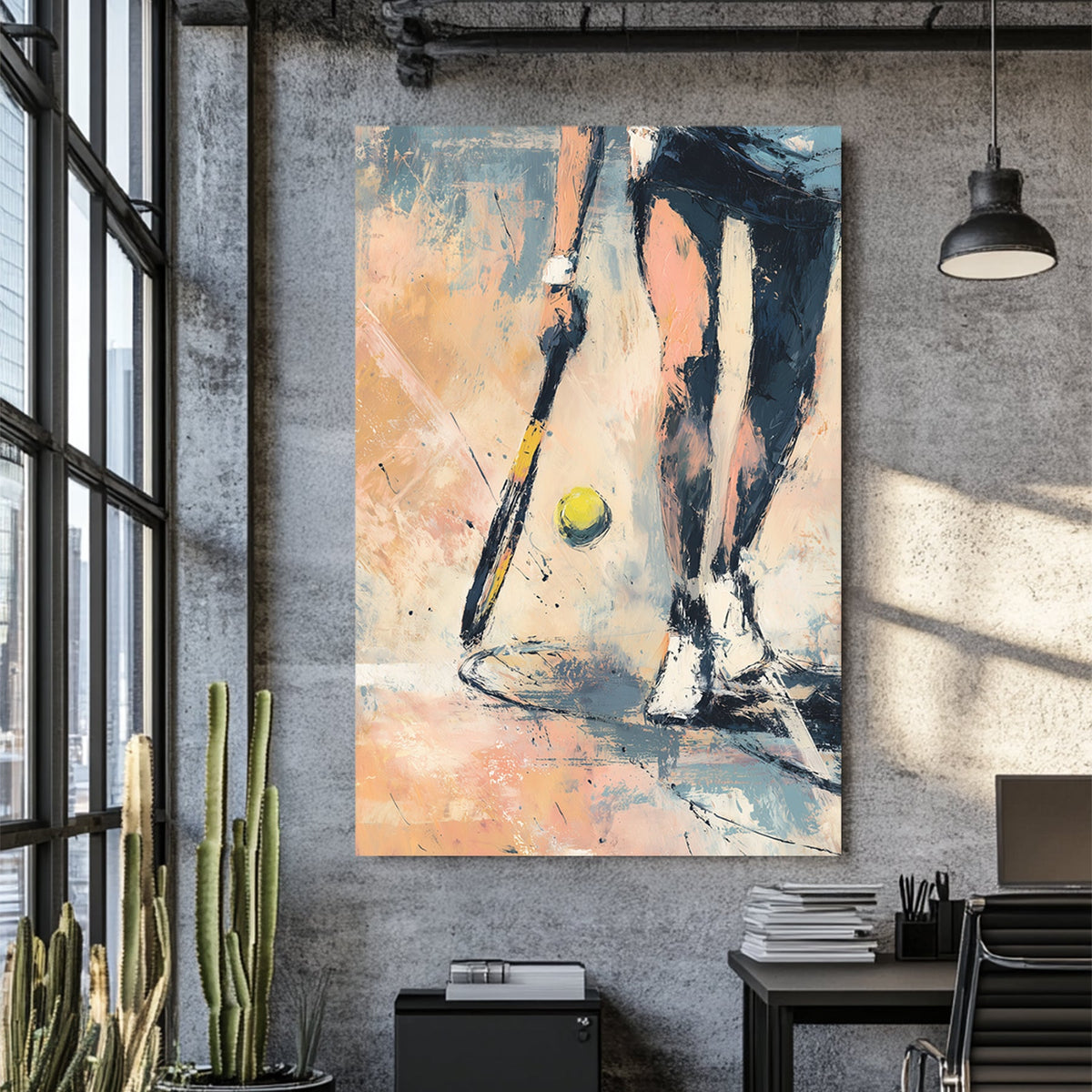 Impressionistic tennis wall art showing player at the baseline with racket and ball