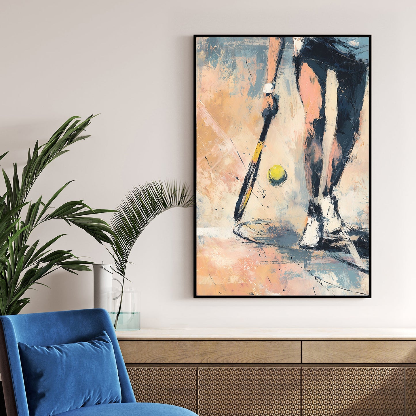 Impressionistic tennis wall art showing player at the baseline with racket and ball