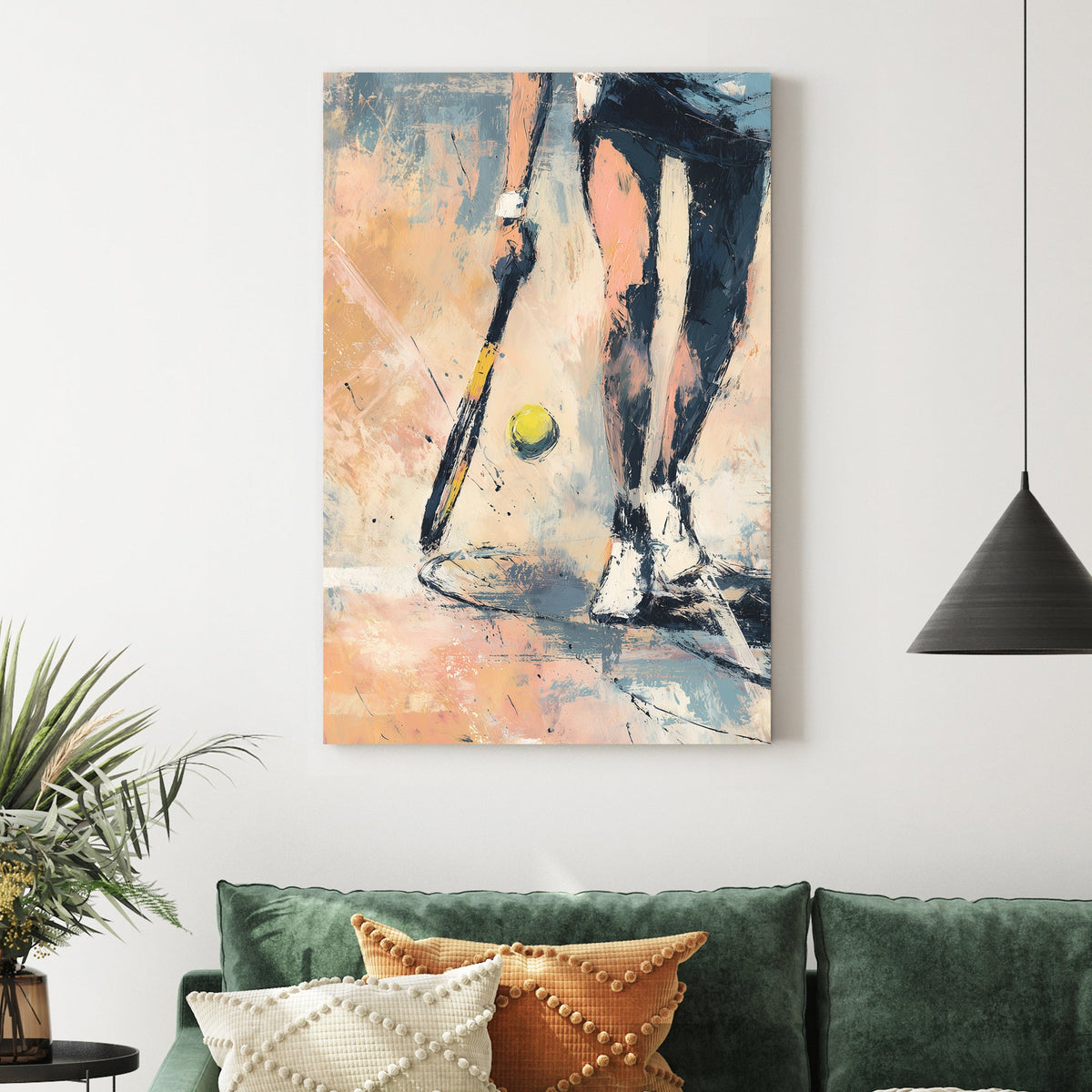 Impressionistic tennis wall art showing player at the baseline with racket and ball