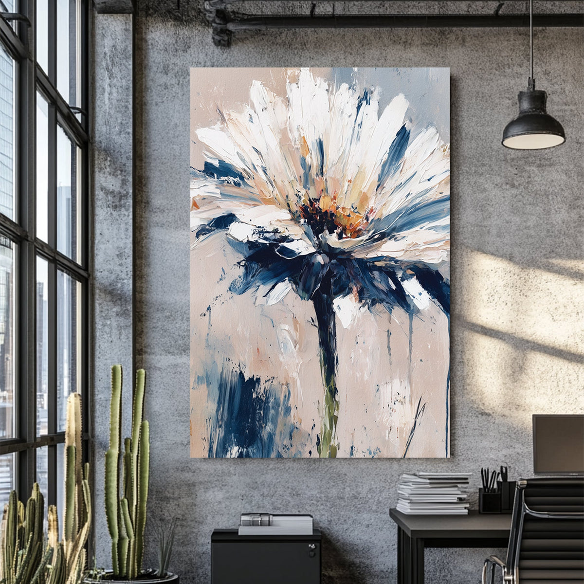 Textured daisy flower wall art in abstract brushstroke style with neutral tones