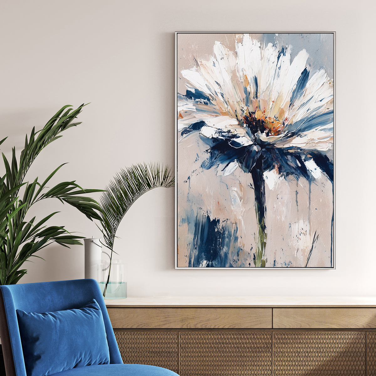 Textured daisy flower wall art in abstract brushstroke style with neutral tones