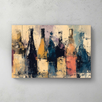 Abstract wine bottle wall art with textured brushstrokes in earthy tones