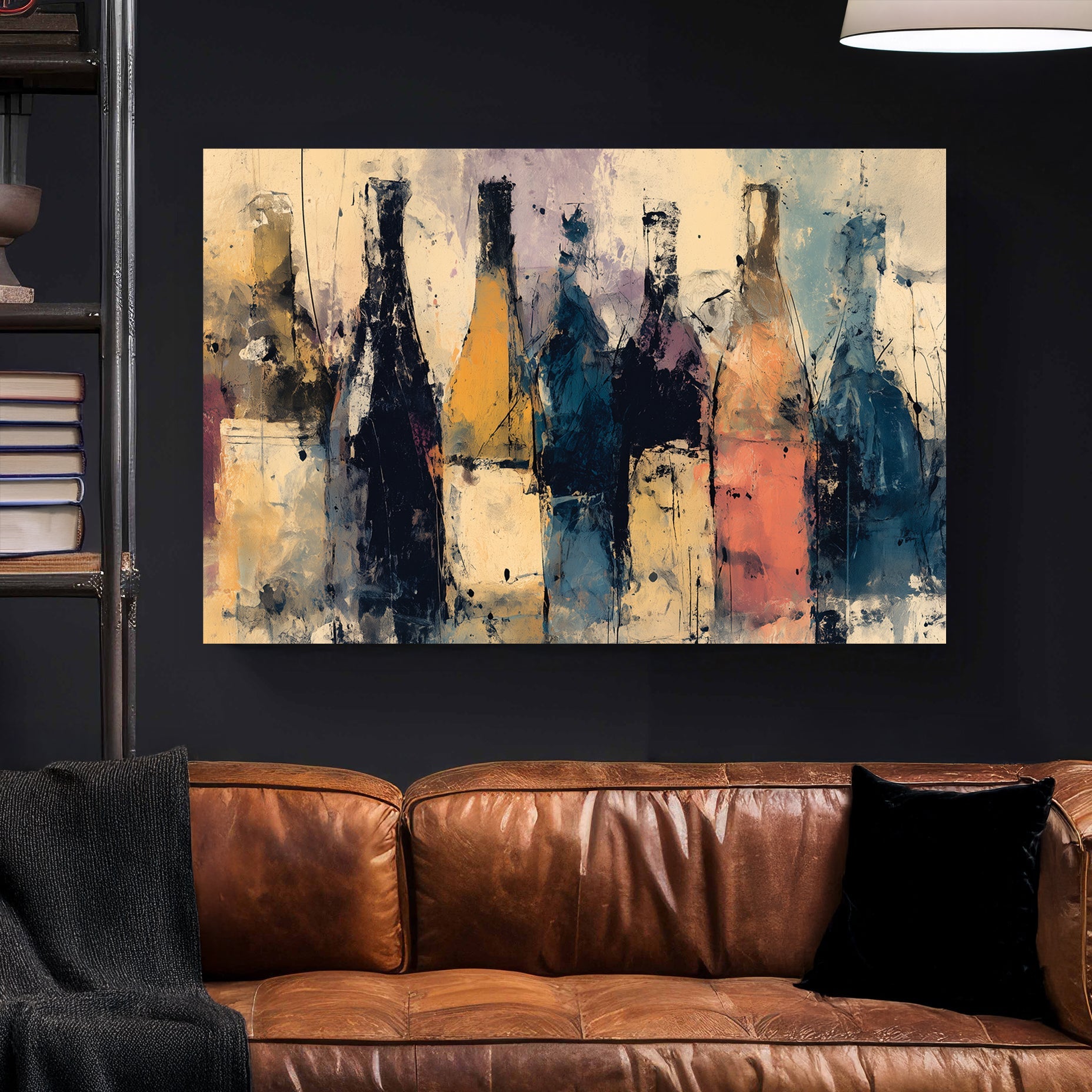 Abstract wine bottle wall art with textured brushstrokes in earthy tones