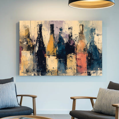 Abstract wine bottle wall art with textured brushstrokes in earthy tones