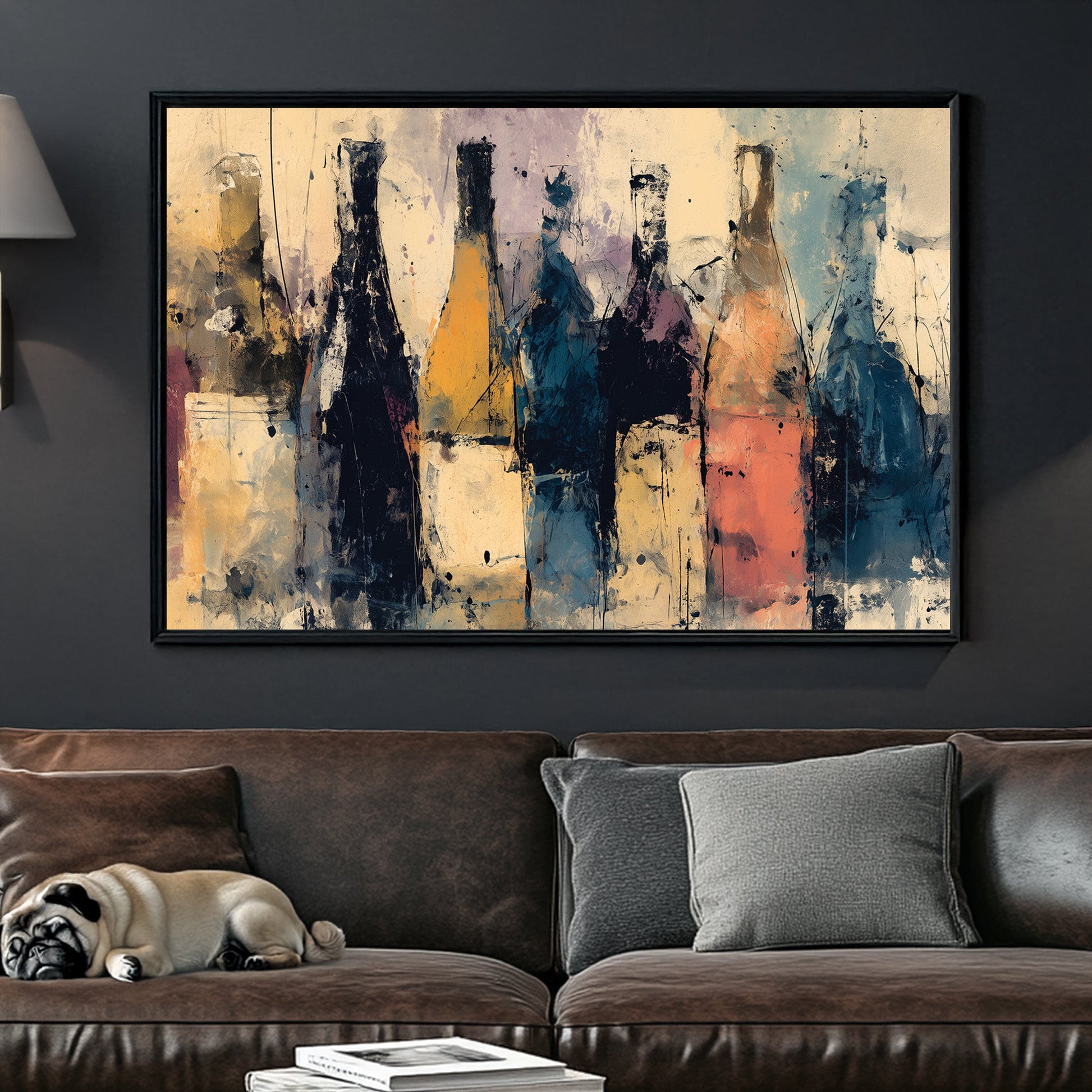 Abstract wine bottle wall art with textured brushstrokes in earthy tones