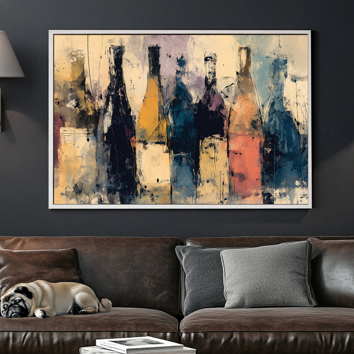 Abstract wine bottle wall art with textured brushstrokes in earthy tones