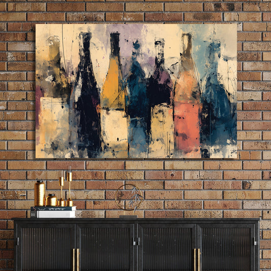Abstract wine bottle wall art with textured brushstrokes in earthy tones