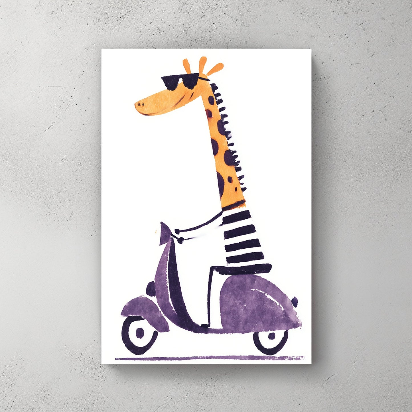 Cool cartoon giraffe wall art riding a purple scooter in striped shirt and sunglasses