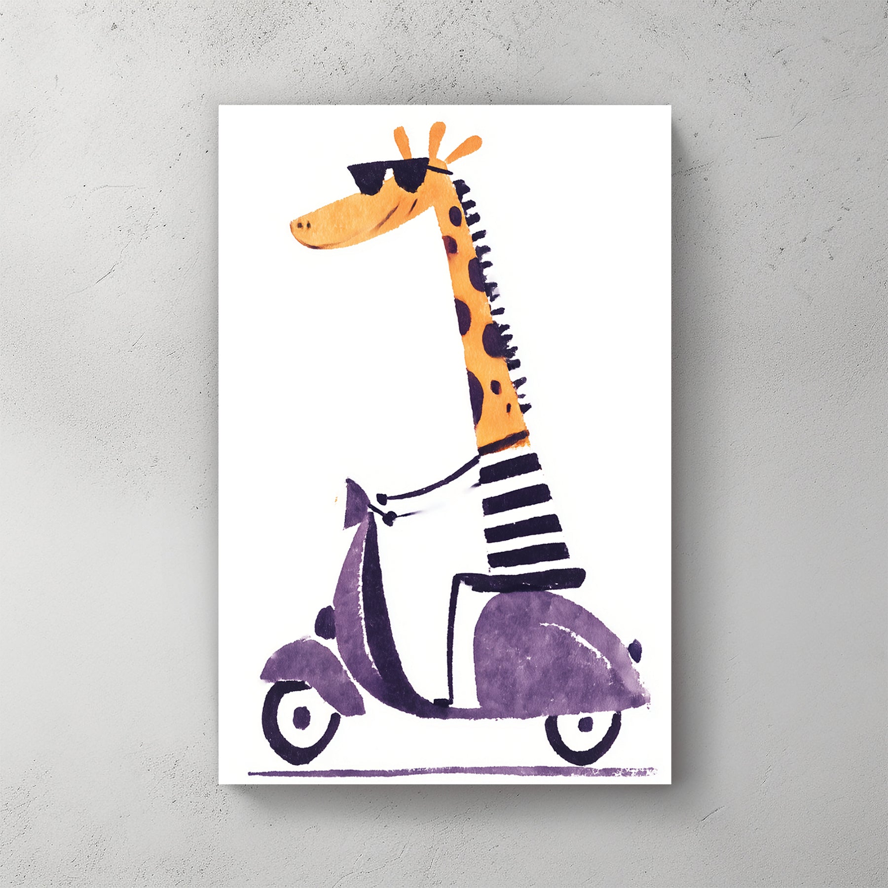 Cool cartoon giraffe wall art riding a purple scooter in striped shirt and sunglasses
