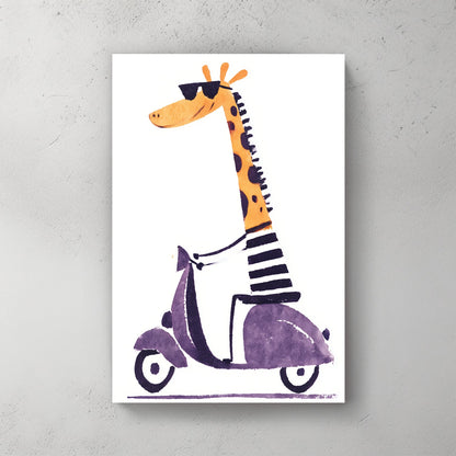 Cool cartoon giraffe wall art riding a purple scooter in striped shirt and sunglasses