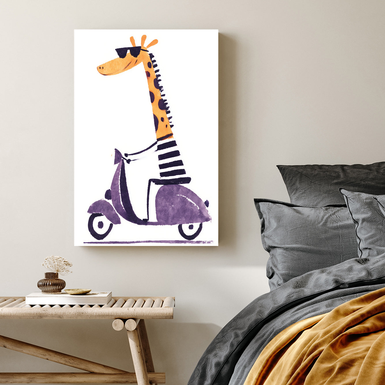 Cool cartoon giraffe wall art riding a purple scooter in striped shirt and sunglasses