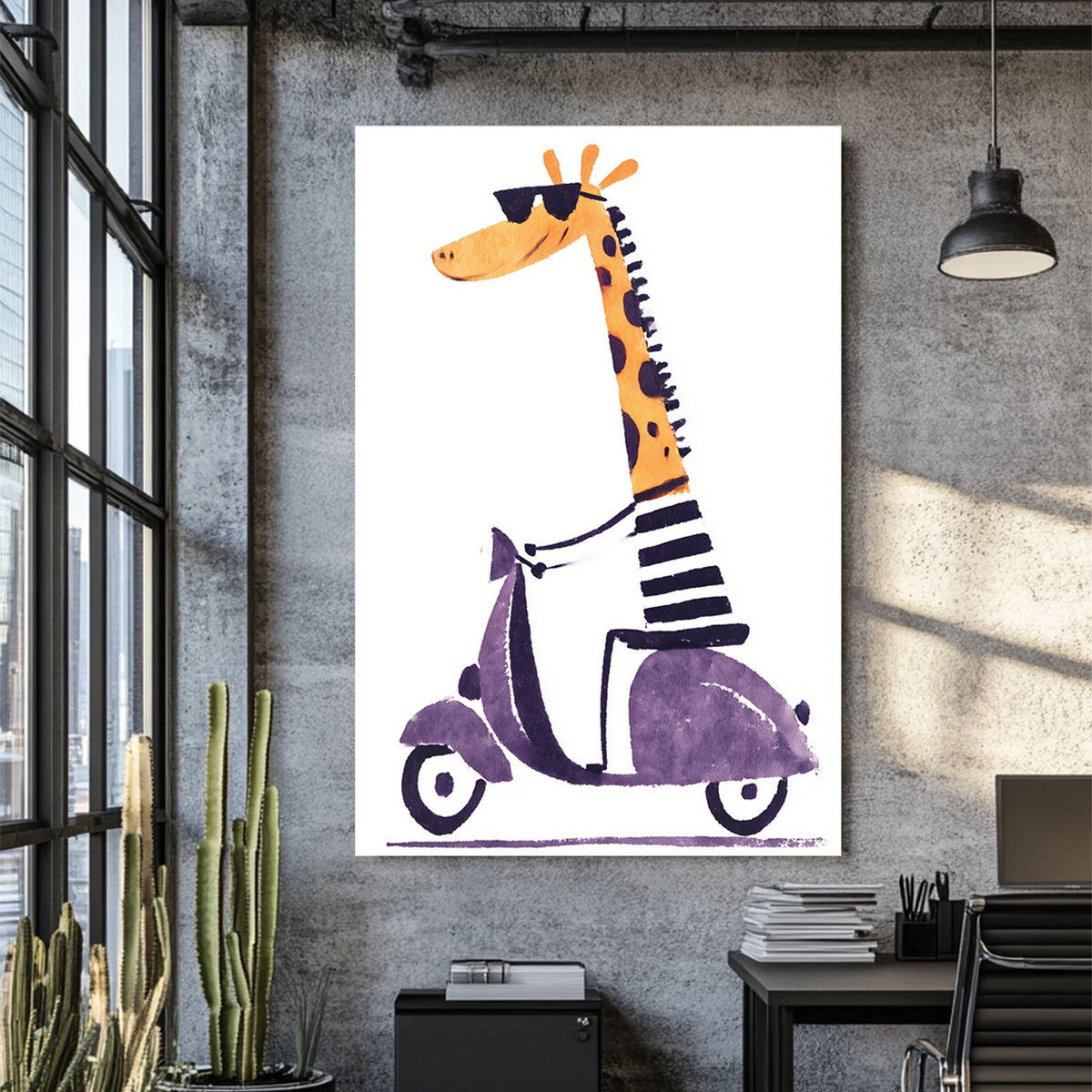Cool cartoon giraffe wall art riding a purple scooter in striped shirt and sunglasses