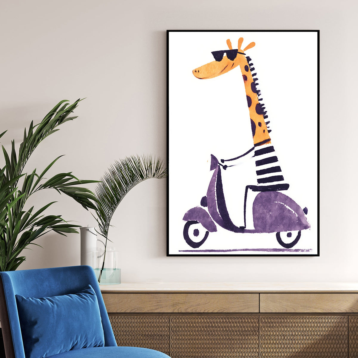 Cool cartoon giraffe wall art riding a purple scooter in striped shirt and sunglasses