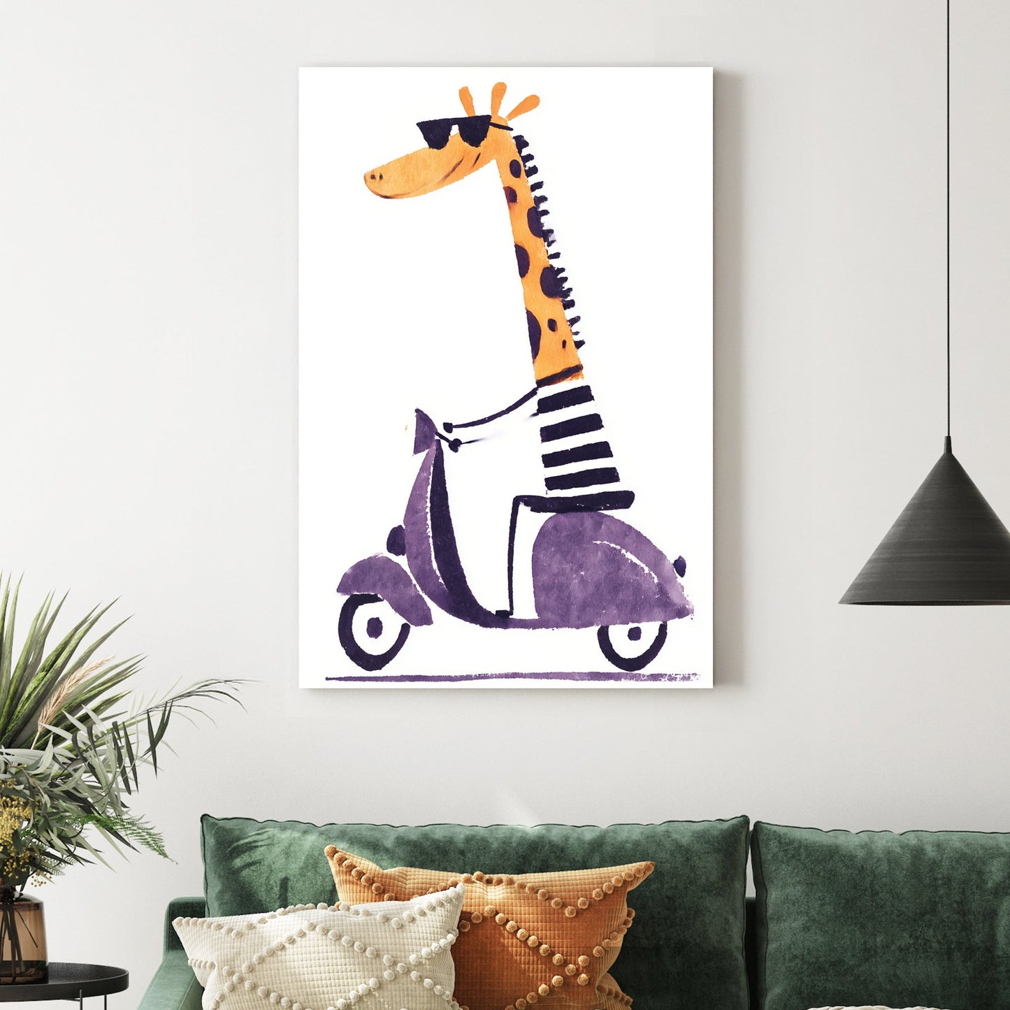 Cool cartoon giraffe wall art riding a purple scooter in striped shirt and sunglasses