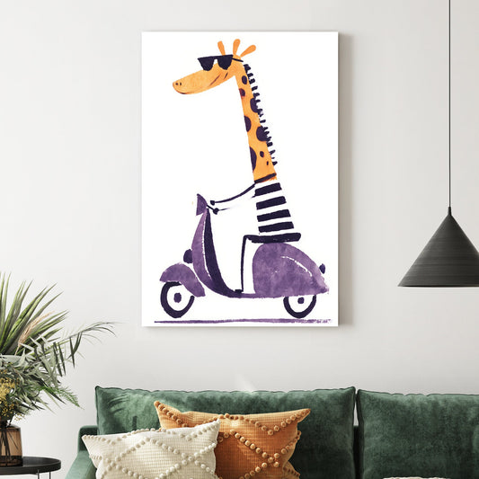 Cool cartoon giraffe wall art riding a purple scooter in striped shirt and sunglasses