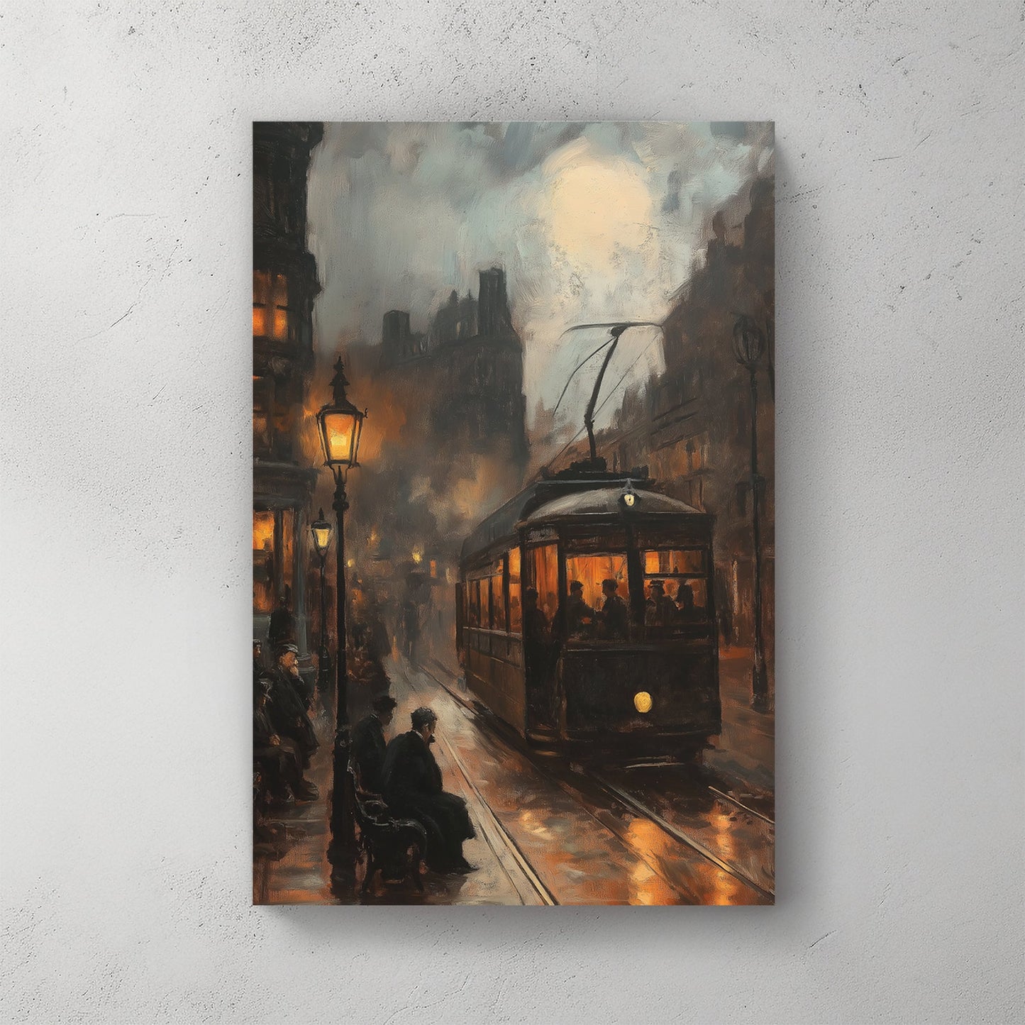 Vintage city streetcar at night wall art with glowing lamps and moody atmosphere
