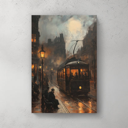 Vintage city streetcar at night wall art with glowing lamps and moody atmosphere