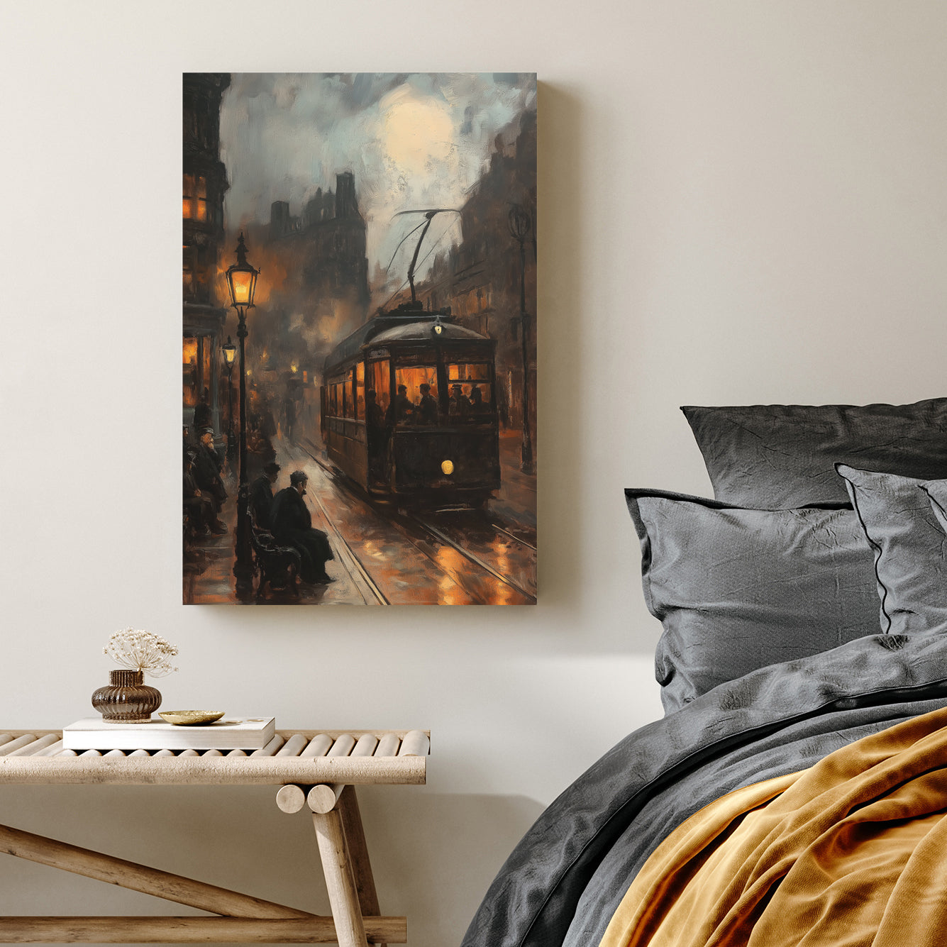 Vintage city streetcar at night wall art with glowing lamps and moody atmosphere
