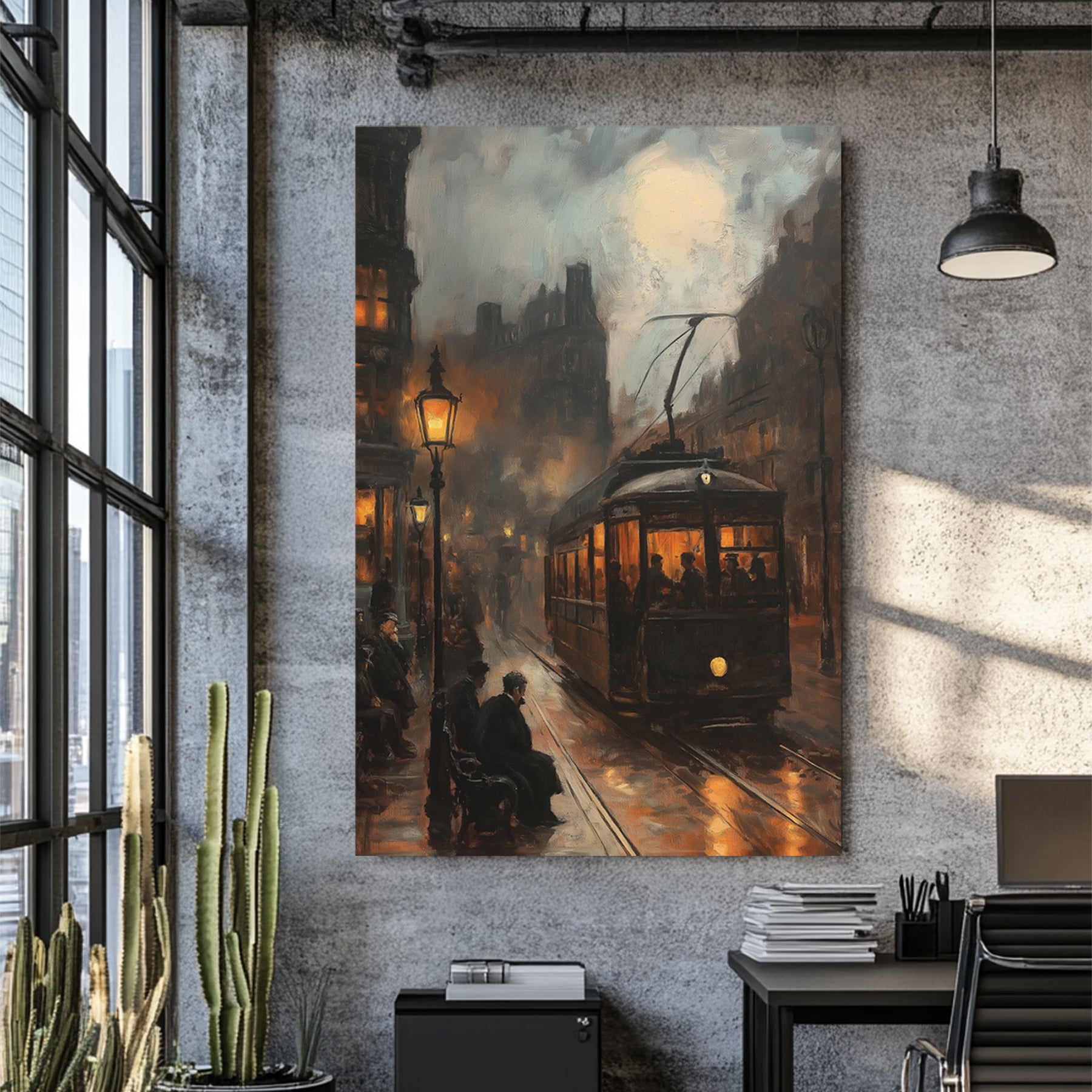 Vintage city streetcar at night wall art with glowing lamps and moody atmosphere