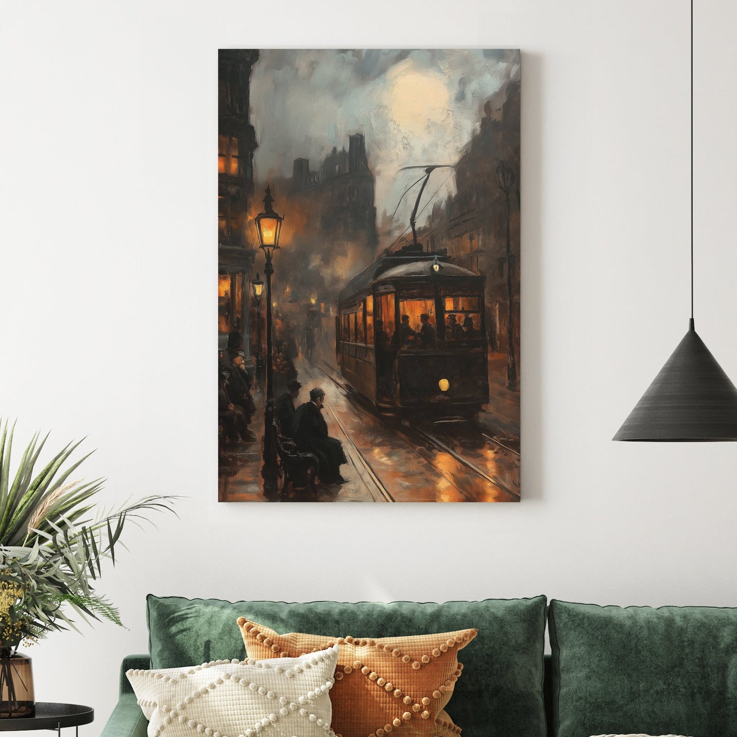 Vintage city streetcar at night wall art with glowing lamps and moody atmosphere