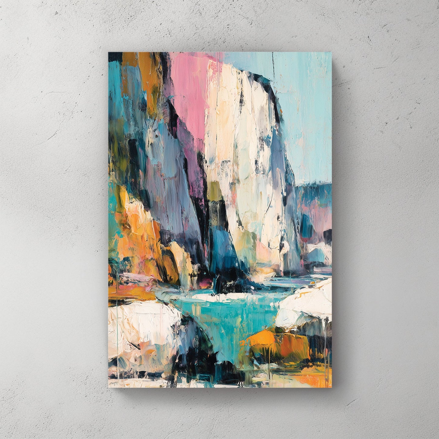Abstract coastal cliff wall art with pink, teal, and golden textures