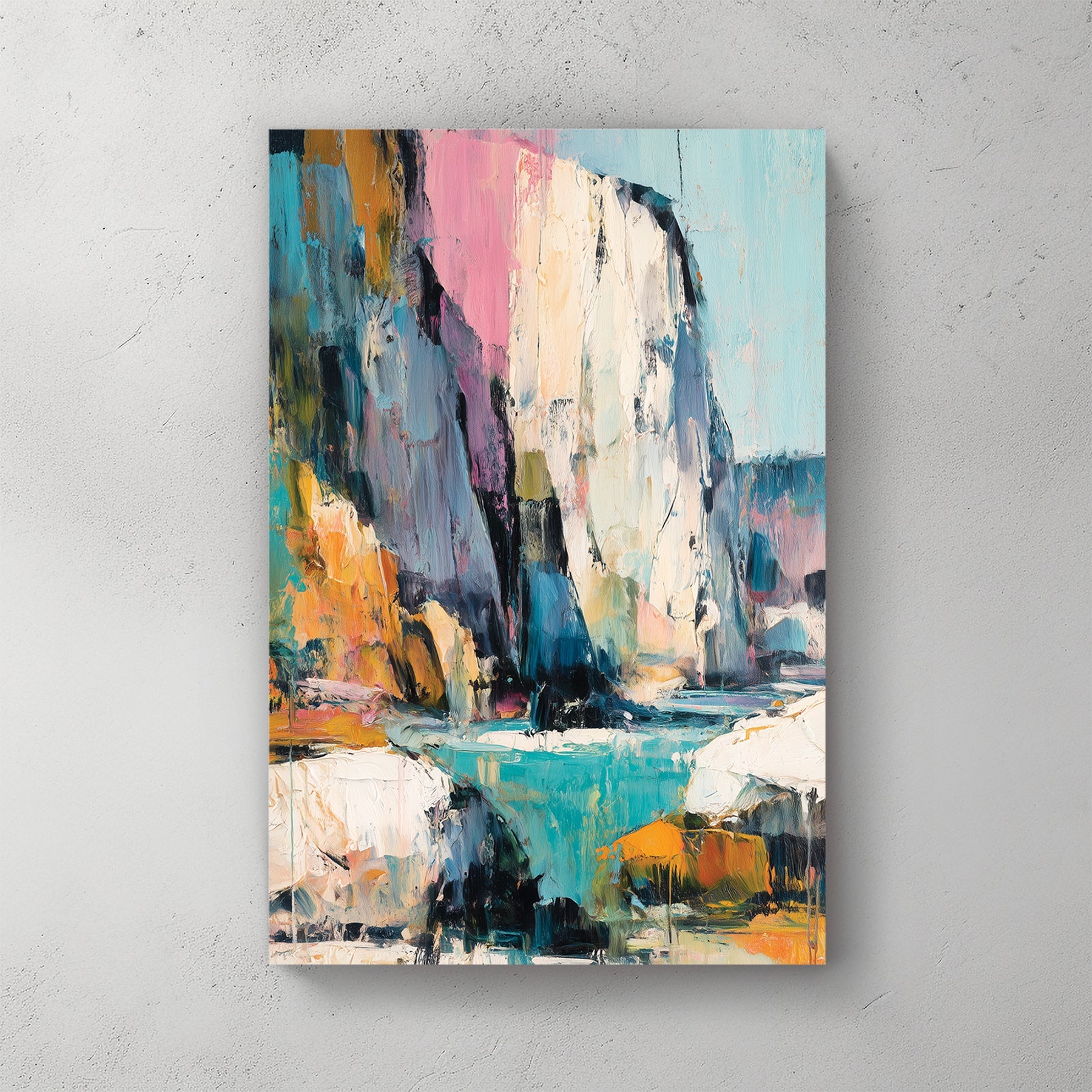Abstract coastal cliff wall art with pink, teal, and golden textures
