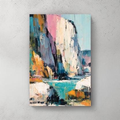 Abstract coastal cliff wall art with pink, teal, and golden textures