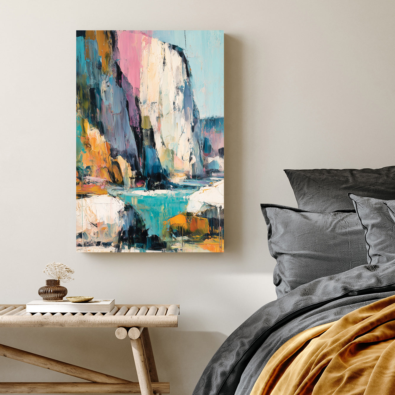 Abstract coastal cliff wall art with pink, teal, and golden textures