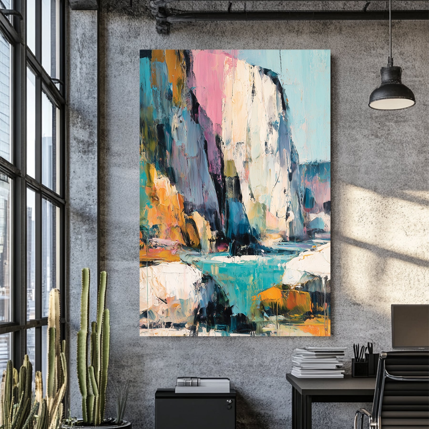 Abstract coastal cliff wall art with pink, teal, and golden textures