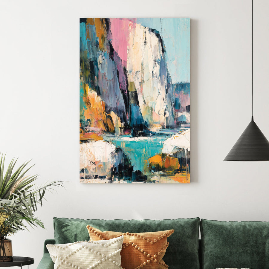 Abstract coastal cliff wall art with pink, teal, and golden textures