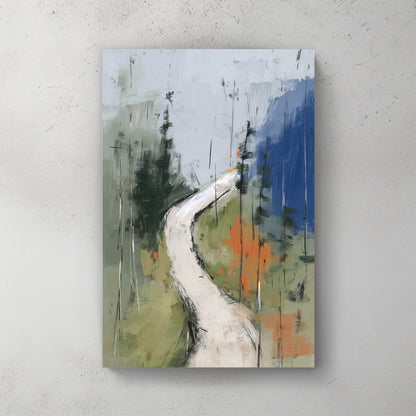 Minimalist forest trail wall art with green, grey, and orange brushstrokes
