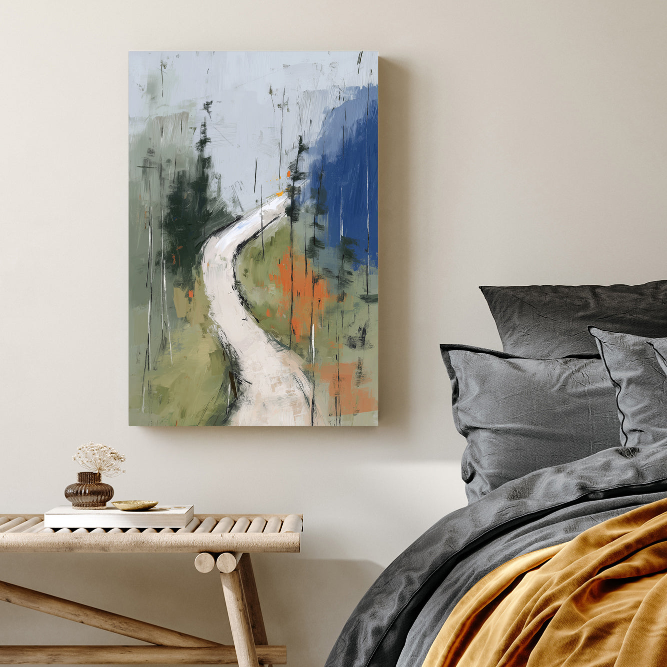 Minimalist forest trail wall art with green, grey, and orange brushstrokes
