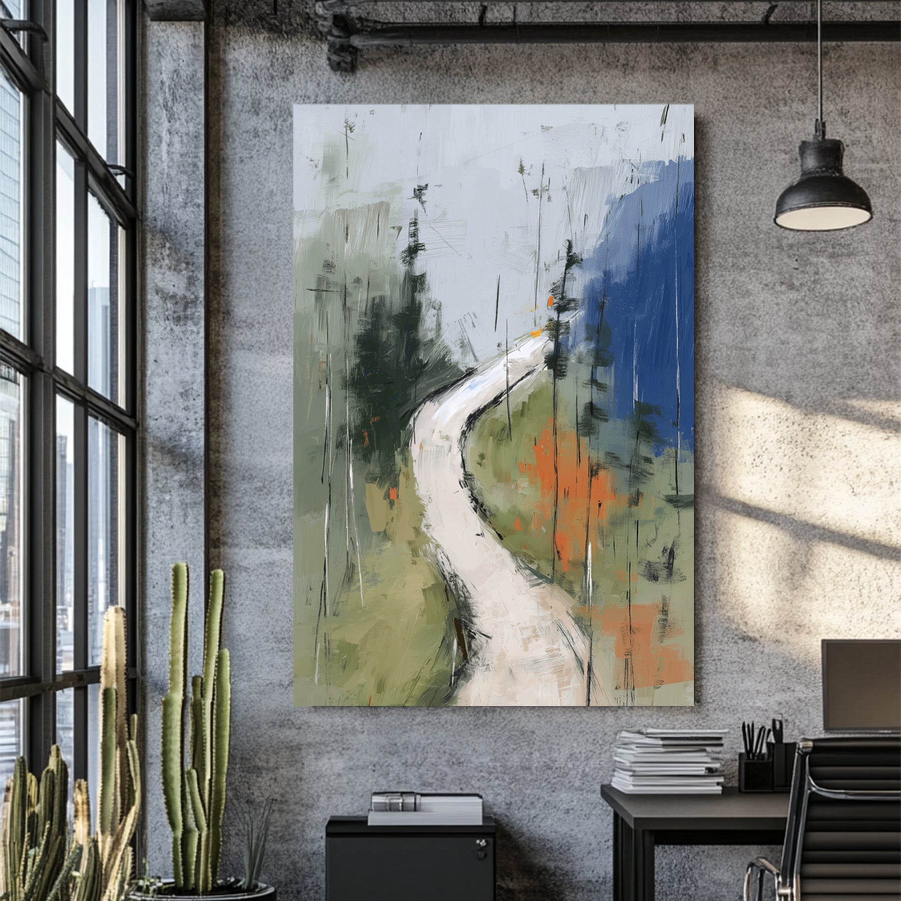 Minimalist forest trail wall art with green, grey, and orange brushstrokes