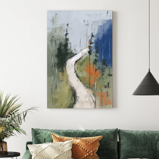 Minimalist forest trail wall art with green, grey, and orange brushstrokes