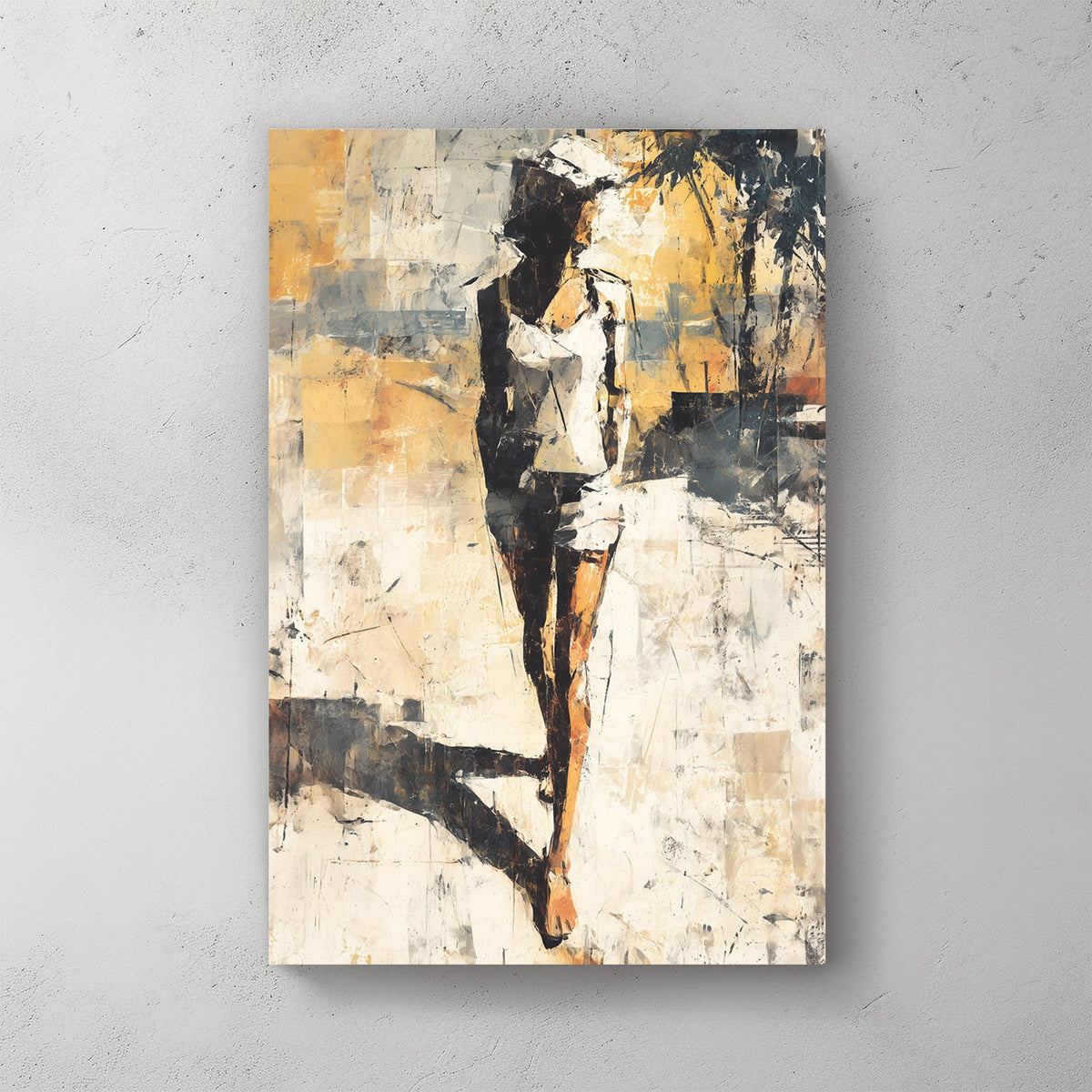 Abstract painting of a woman walking in sunlight with textured brushwork