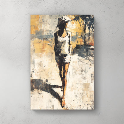 Abstract painting of a woman walking in sunlight with textured brushwork