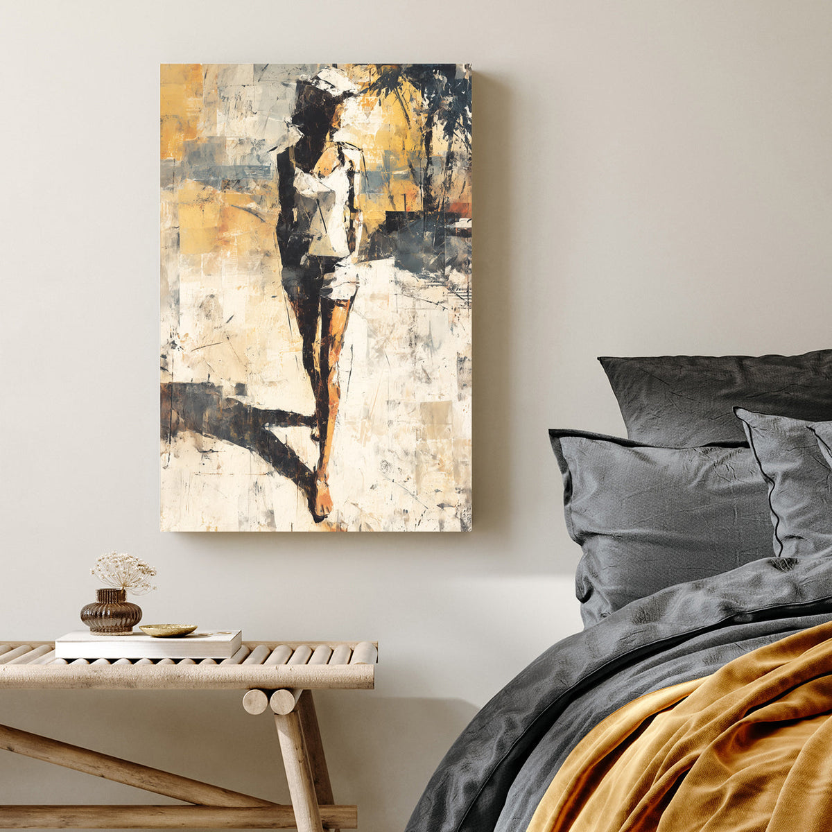 Abstract painting of a woman walking in sunlight with textured brushwork