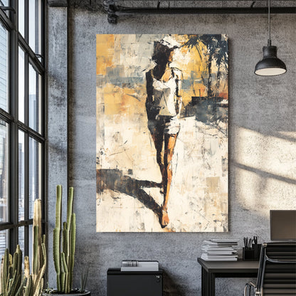 Abstract painting of a woman walking in sunlight with textured brushwork
