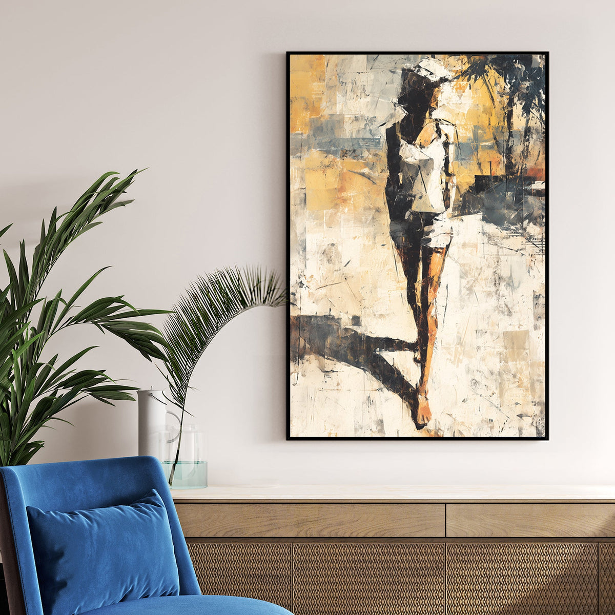 Abstract painting of a woman walking in sunlight with textured brushwork