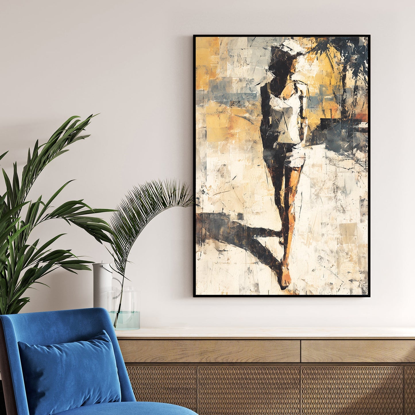 Abstract painting of a woman walking in sunlight with textured brushwork