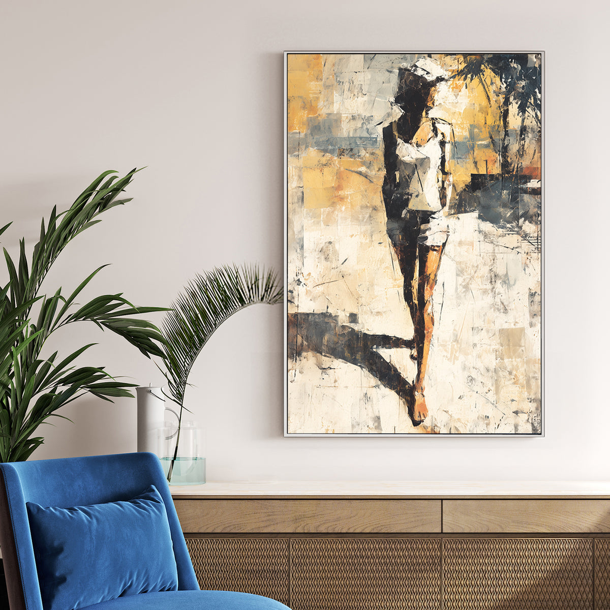 Abstract painting of a woman walking in sunlight with textured brushwork