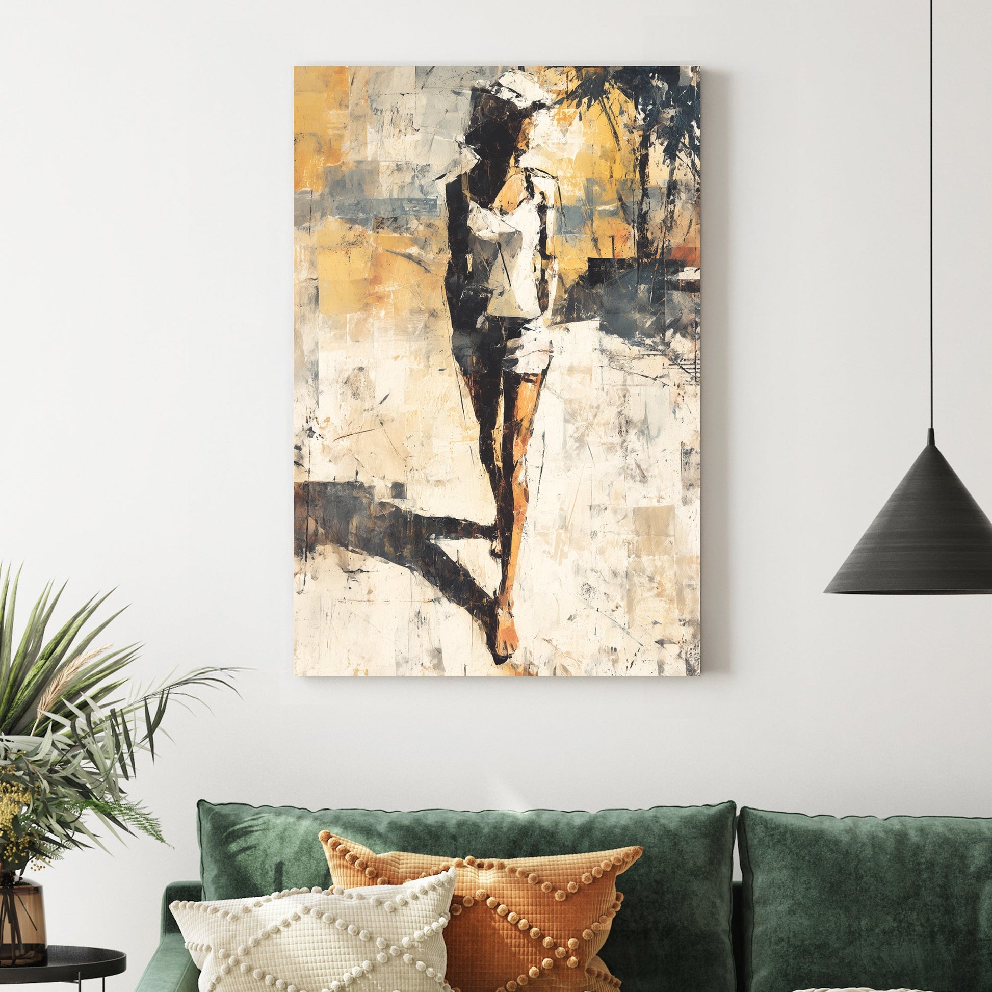 Abstract painting of a woman walking in sunlight with textured brushwork