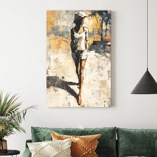 Abstract painting of a woman walking in sunlight with textured brushwork