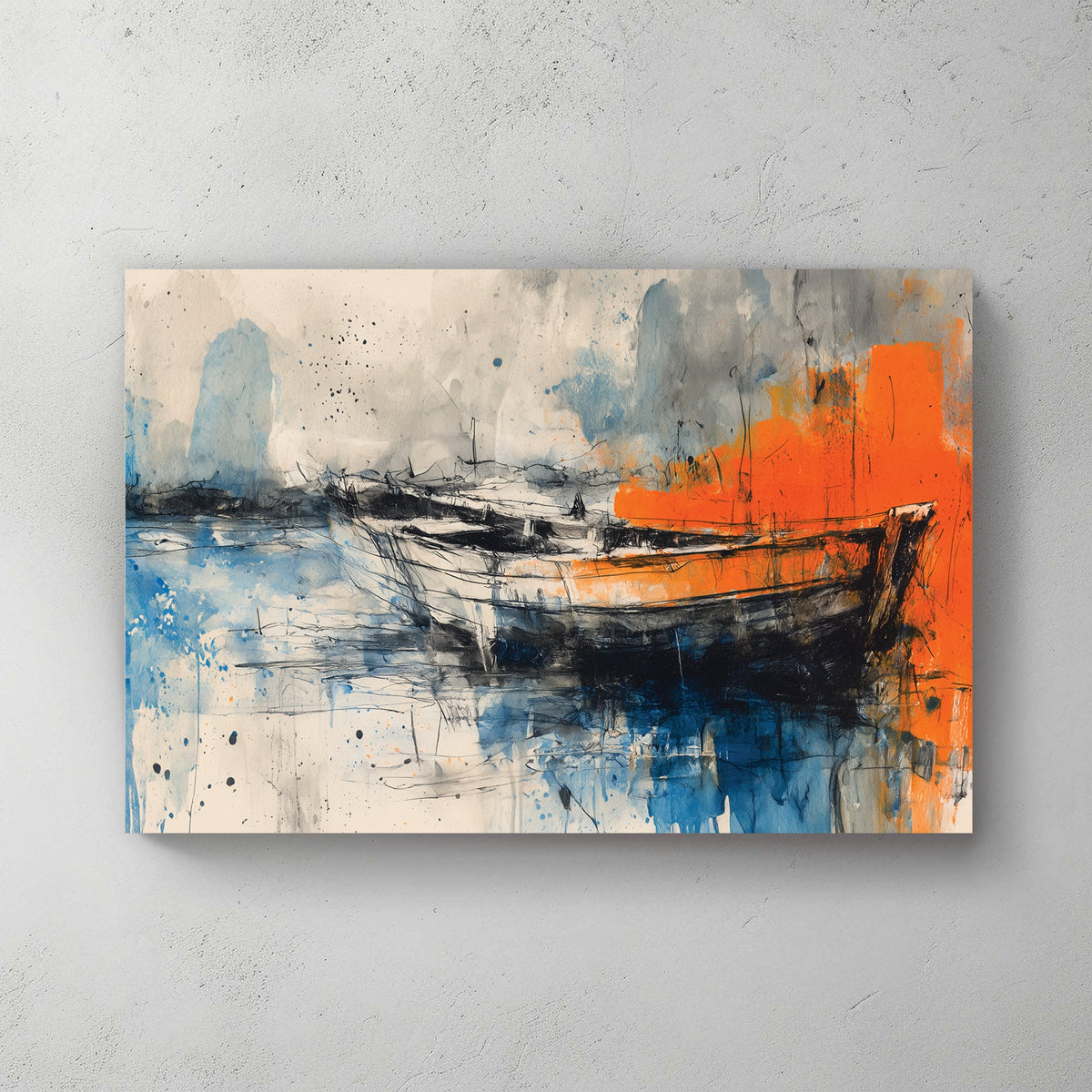 Abstract painting of boats with vivid orange and blue watercolour-style brushwork